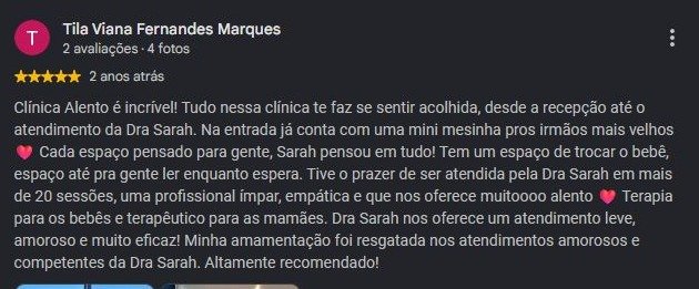 Print original da avaliação de Tila Viana Fernandes Marques no Google