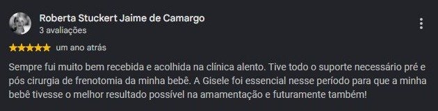 Print original da avaliação de Roberta Stuckert Jaime de Camargo no Google
