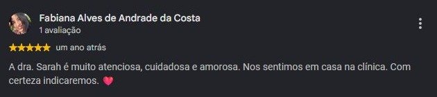 Print original da avaliação de Fabiana Alves de Andrade da Costa no Google